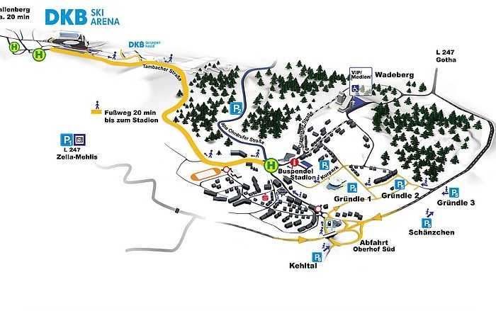 Карта-схема города Оберхоф, места парковок для туристов, прибывющих на Чемпионат мира по биатлону 2018 