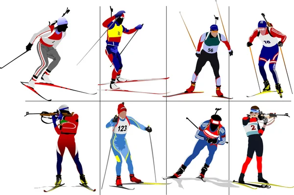 Восемь биатлонистов бегунов. Цветные иллюстрации — стоковое фото