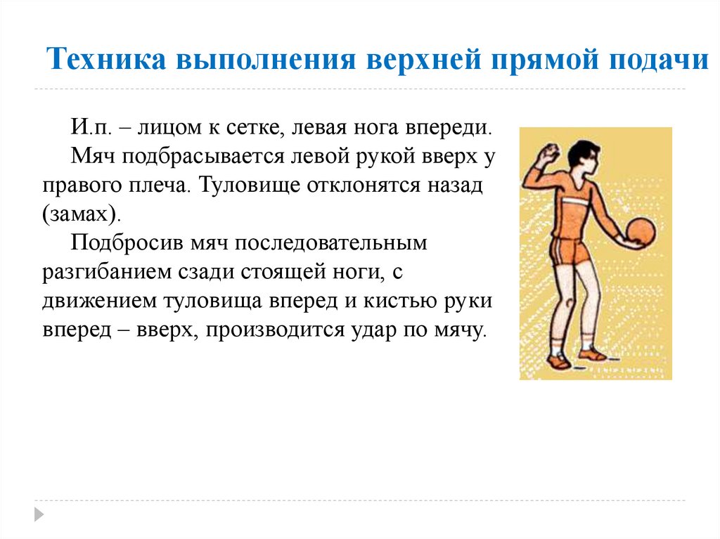 Подача в течении. Техника выполнения верхней подачи мяча в волейболе. Техника прямой подачи в волейболе. Верхняя прямая подача в волейболе техника выполнения. Техника выполнения прямой подачи в волейболе.