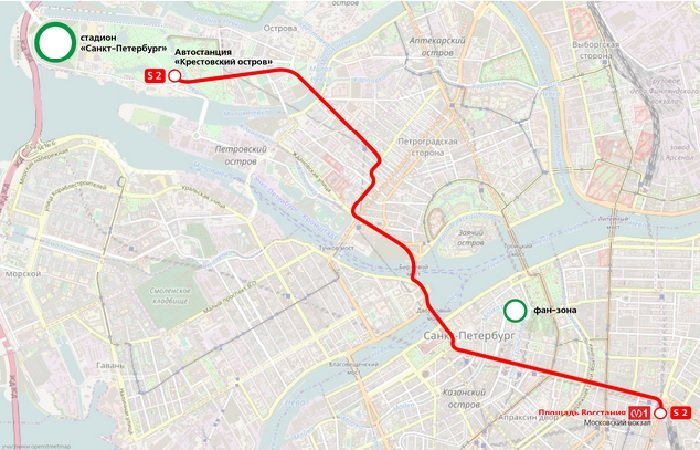 Санкт Петербург ЧМ 2018, схема движения специальных автобусов шаттлов S2