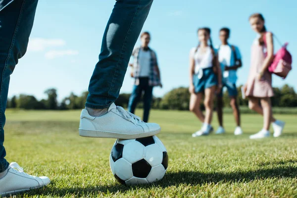 Cropped Shot Teenage Classmates Playing Soccer Ball Park — стоковое фото