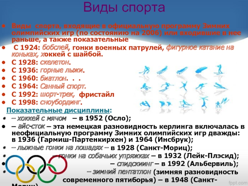 Виды спорта входящие в программу олимпийских игр